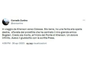 L'inviato di Repubblica su Twitter: 'Un dolore infinito'