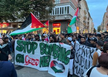 Centinaia persone con bandiere e striscioni. "Palestina libera"