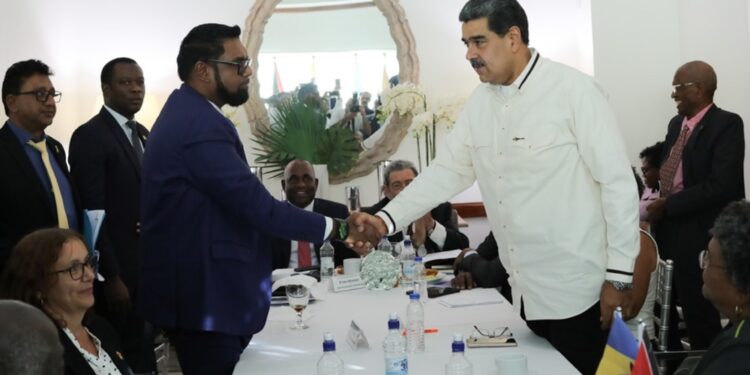 Stretta di mano fra i presidenti Maduro e Ali a Kingston