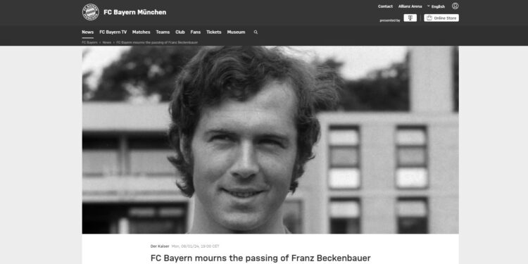 Il ricordo di Franz Beckenbauer sul sito Internet del Bayern di Monaco, la squadra che ha segnato la sua carriera