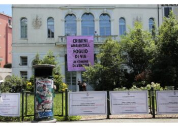 Ambientalisti appendono uno striscione al Palazzo Papadopoli