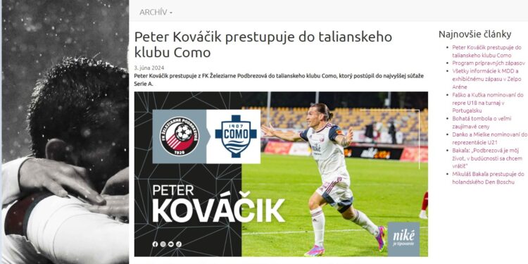 L'annuncio della cessione di Kovacik dal Podbrezová  al Como