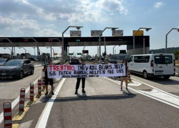 Con uno striscione in italiano e tedesco al casello A22