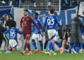 L'esultanza degli azzurri. Al centro, Ben Lhassine Kone (foto Roberto Colombo)